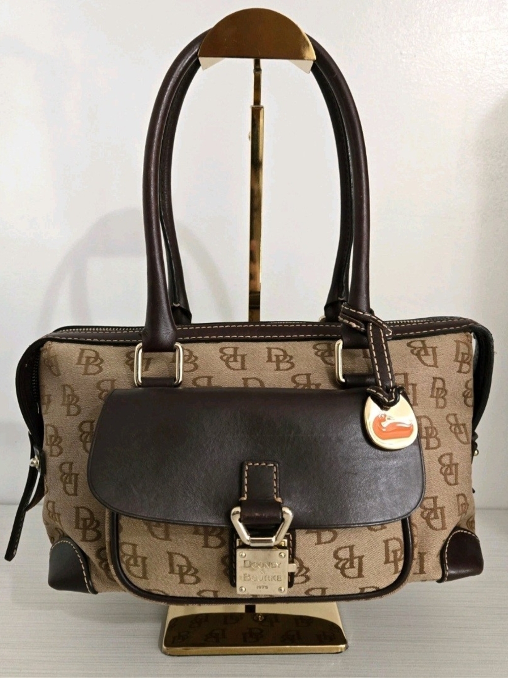 Vintage Dooney & Bourke Pocket Brown Leather Trim Signature Canvas Satchel